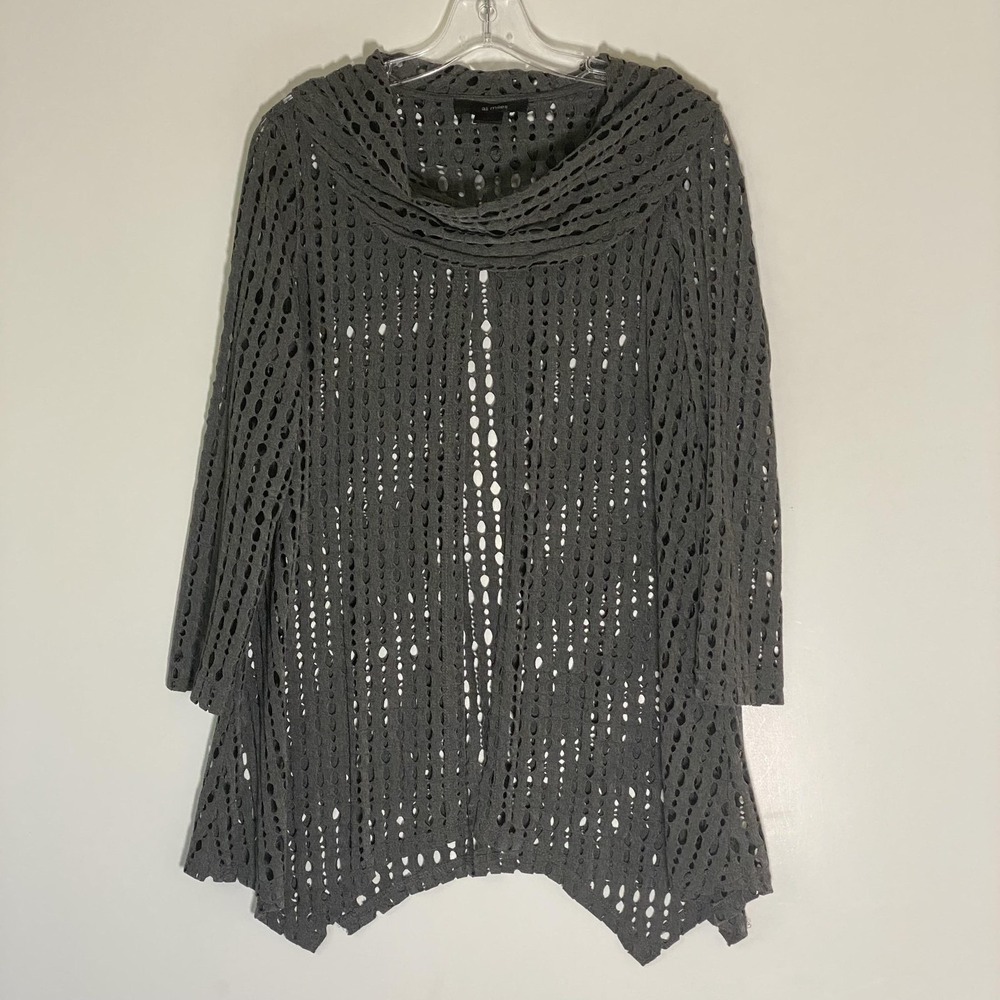 Ali Miles Top Womens Small Gray Cutout Open Knit Cowl Neck Tunic Sheer Layering